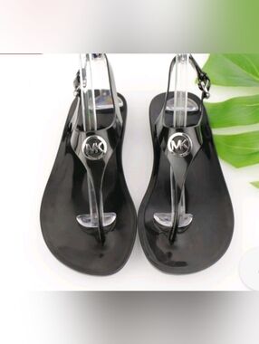 GUC Michael Kors Black Jelly Thong Sandals with Logo Medallions